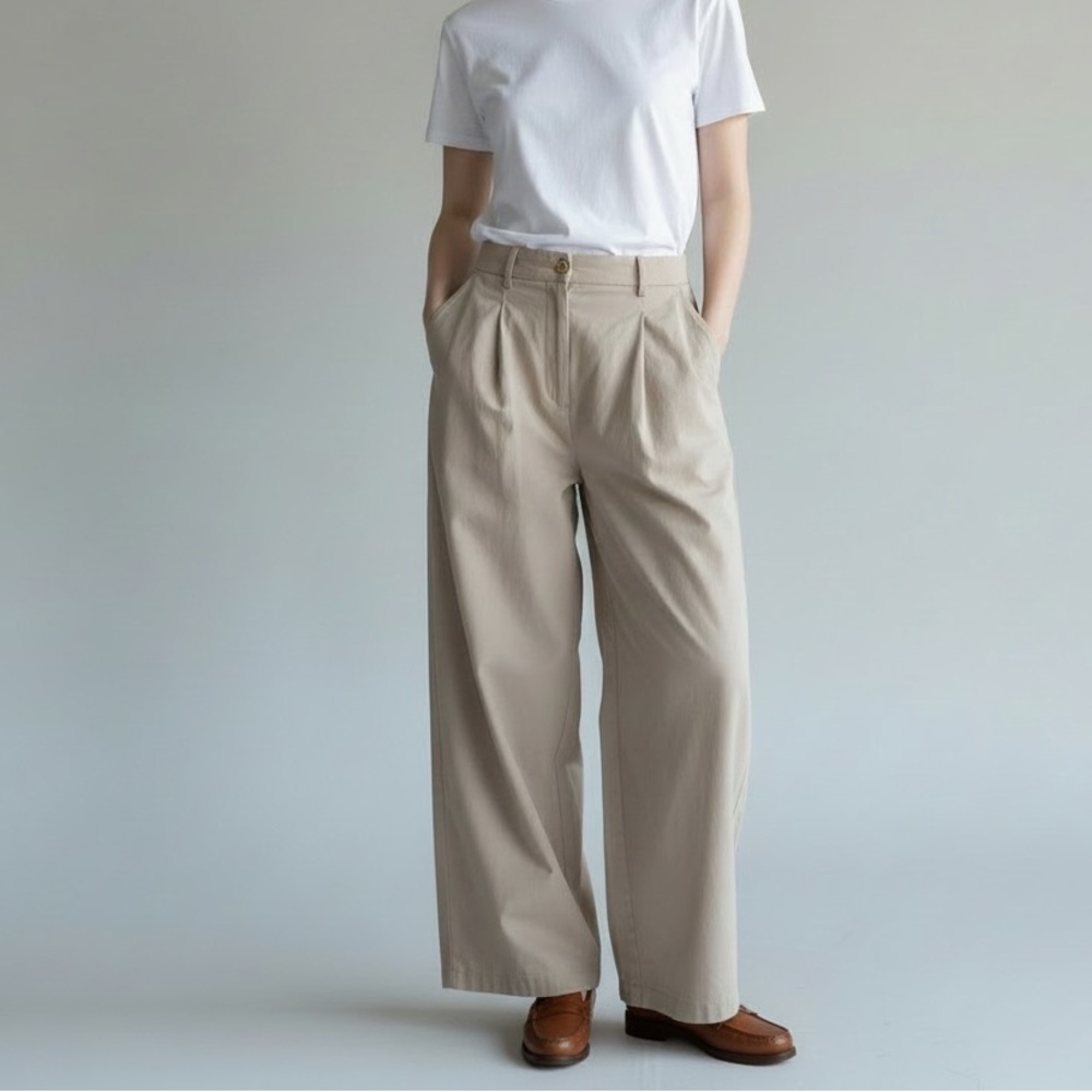 The Frankie Shop | Pleated Barrel Leg Denim Pants Small‎ Beige Cotton Trousers
